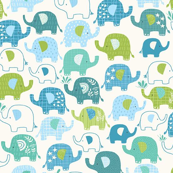 In The Jungle ELEPHANTS BLUE by Makower UK for Andover Fabrics