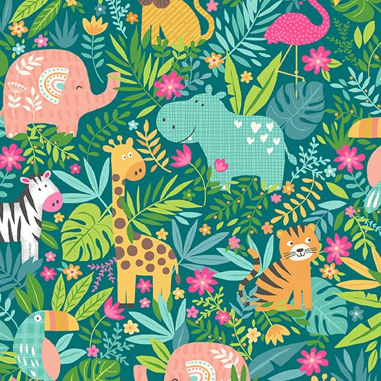 In The Jungle SCENIC PINK by Makower UK for Andover Fabrics