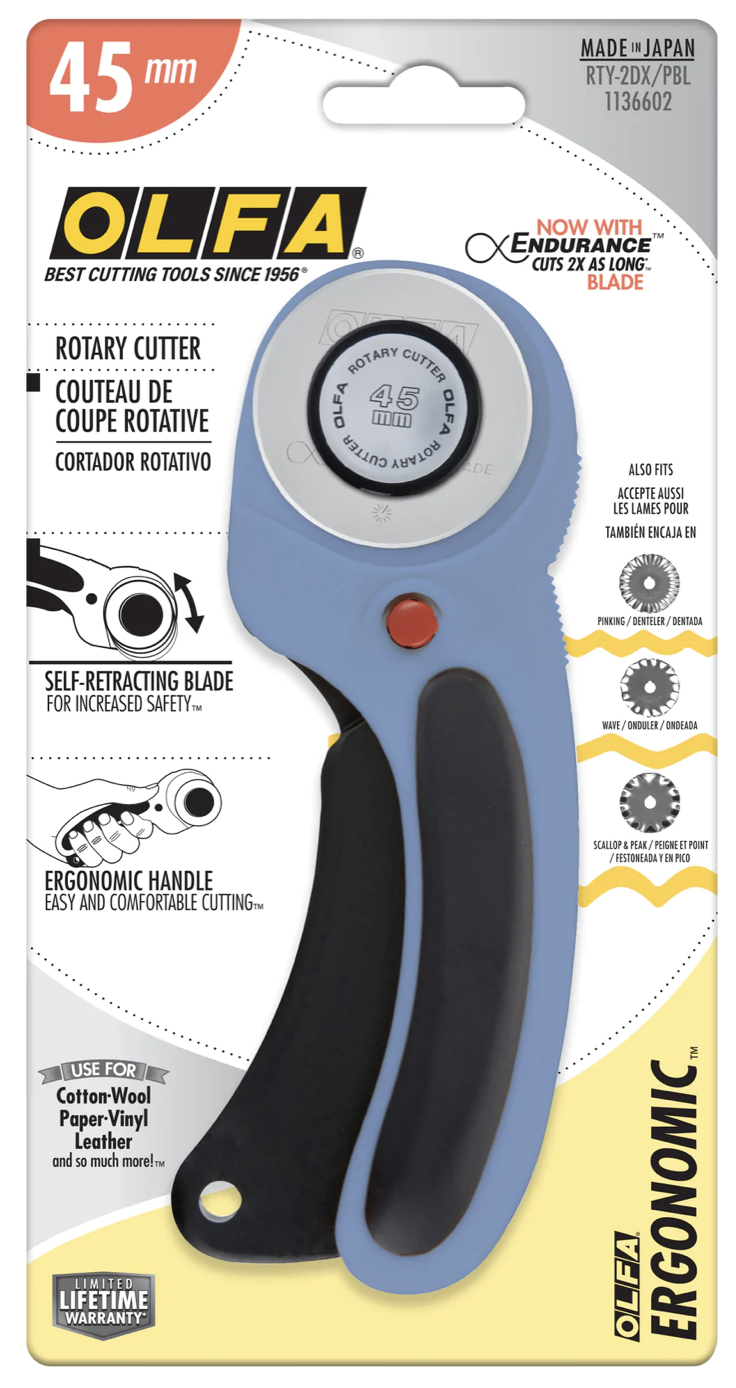 OLFA 45mm Ergonomic Rotary Cutter BLUE w/ Endurance Blade – Red-Roxy Quilt  Co