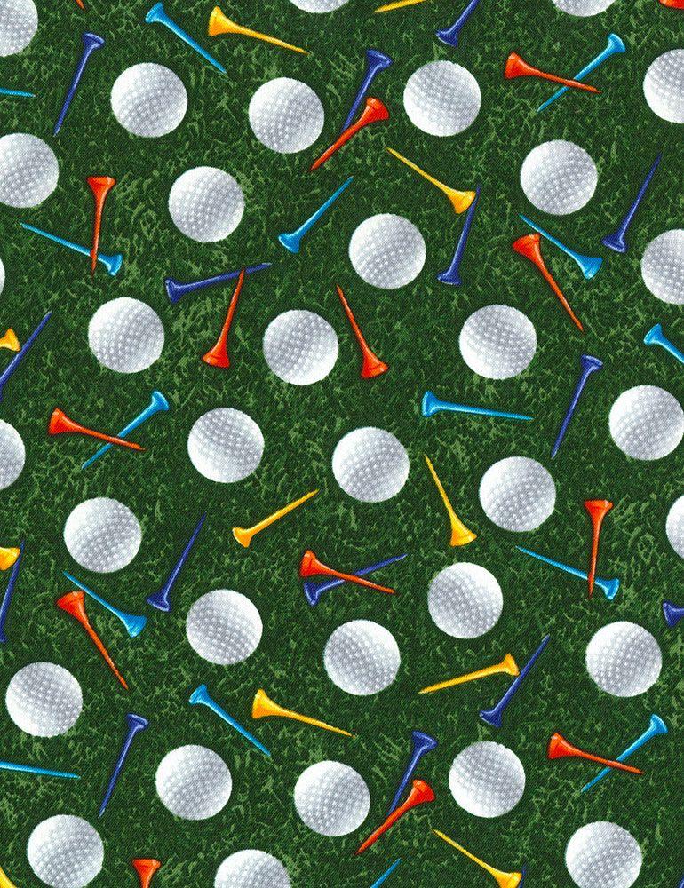 Tee Time GOLF BALLS AND TEES ON GRASS - GREEN by/for Timeless Treasures